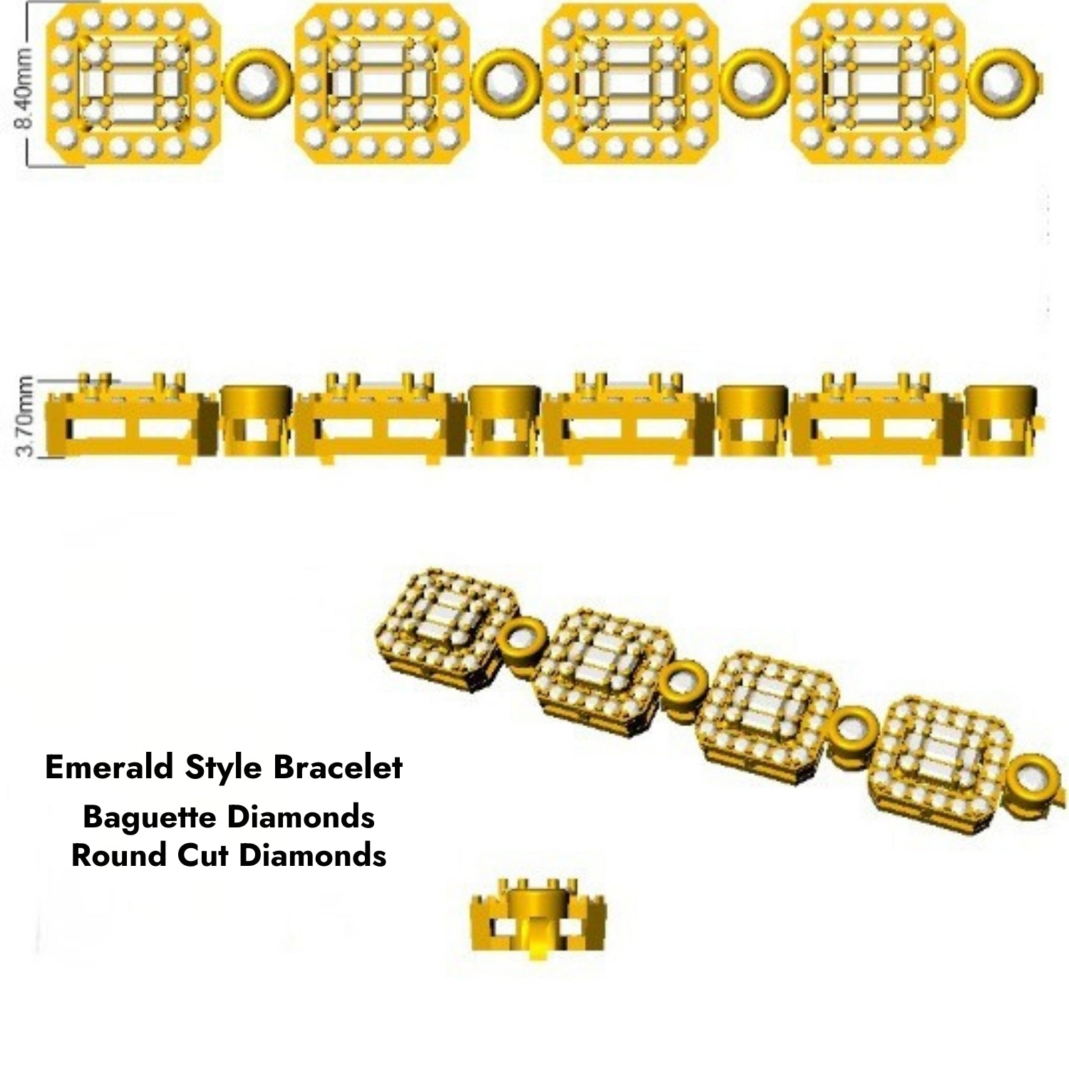 Emerald Style Round & Baguette Cut Lab Grown Diamond Bracelet in Gold | Pave & Bezel Set