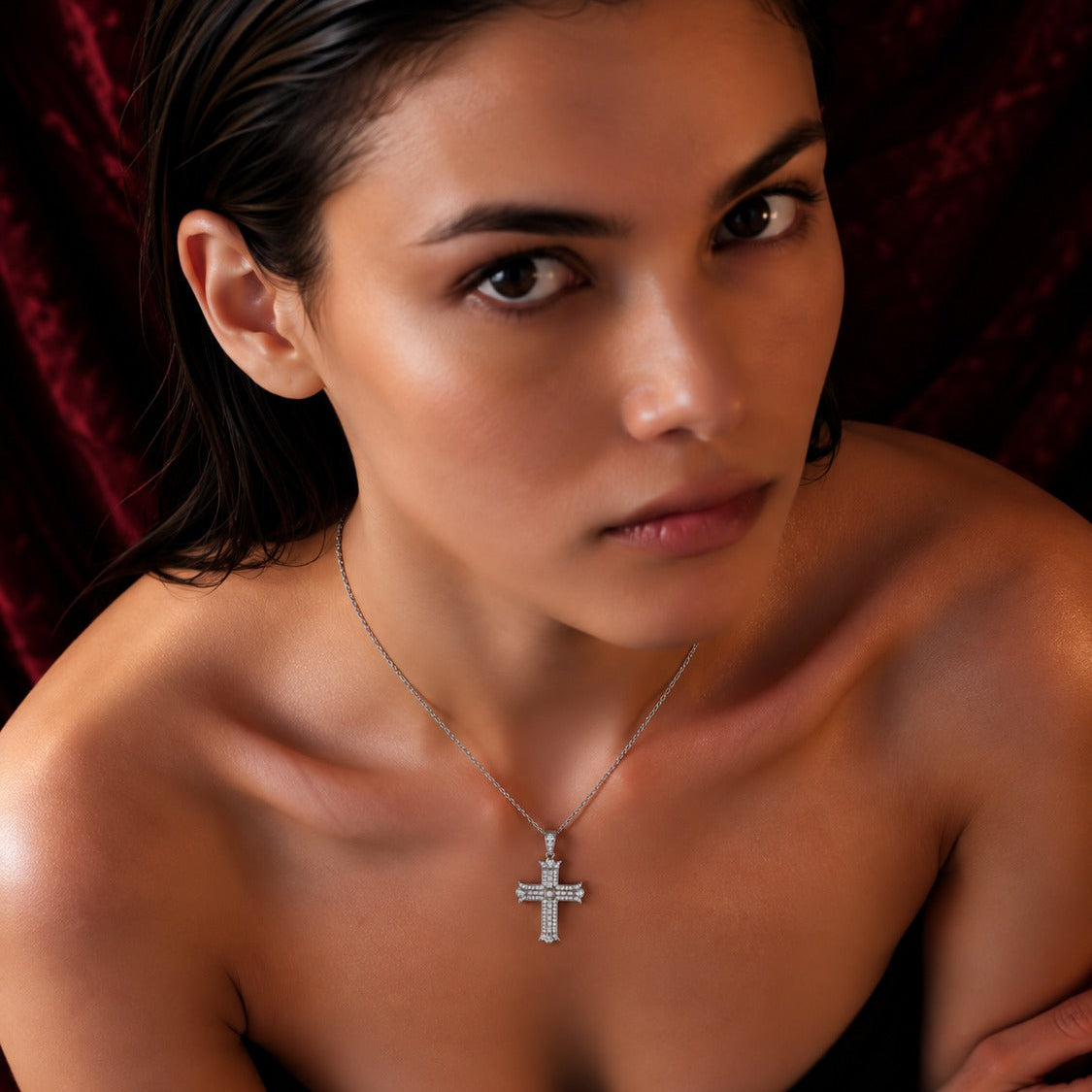 Art Deco Diamond Cross Pendant Necklace | Baguette & Round Cut Diamonds