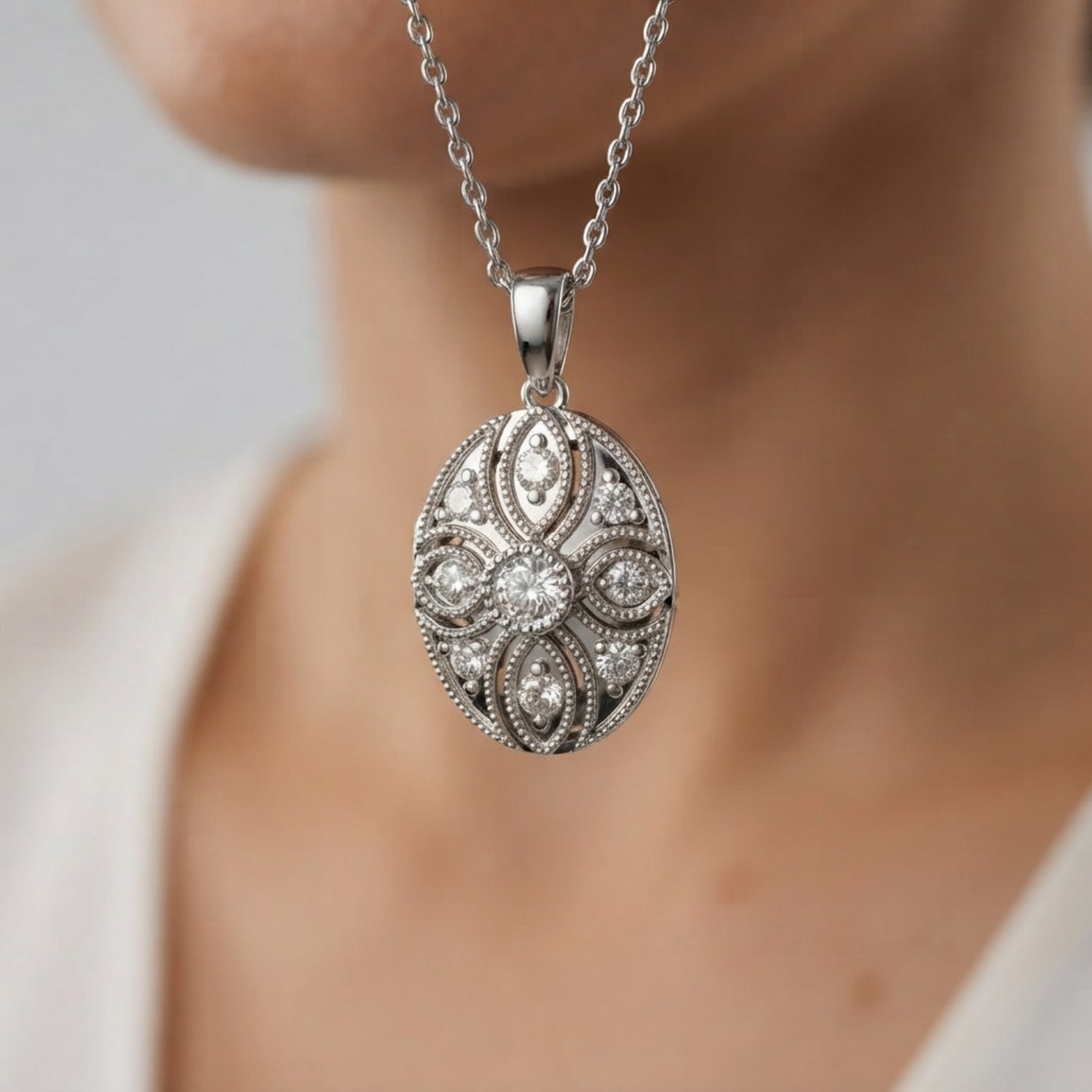 Vintage Round Diamond Oval Pendant With Floral Design Without Chain