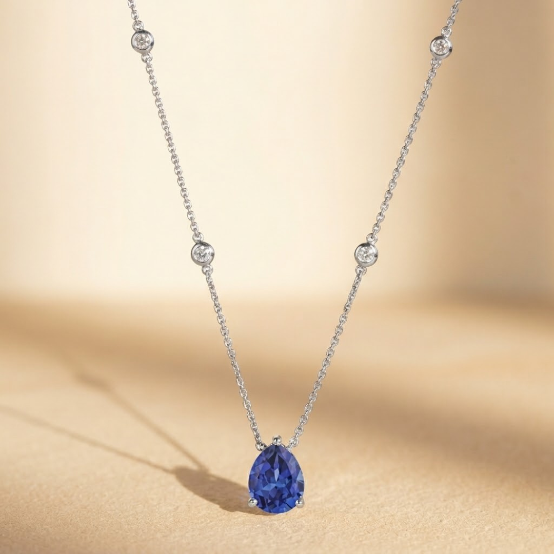 3.20ct Lab Grown Sapphire and Pear Cut Diamond Solitaire Necklace in 925 Silver