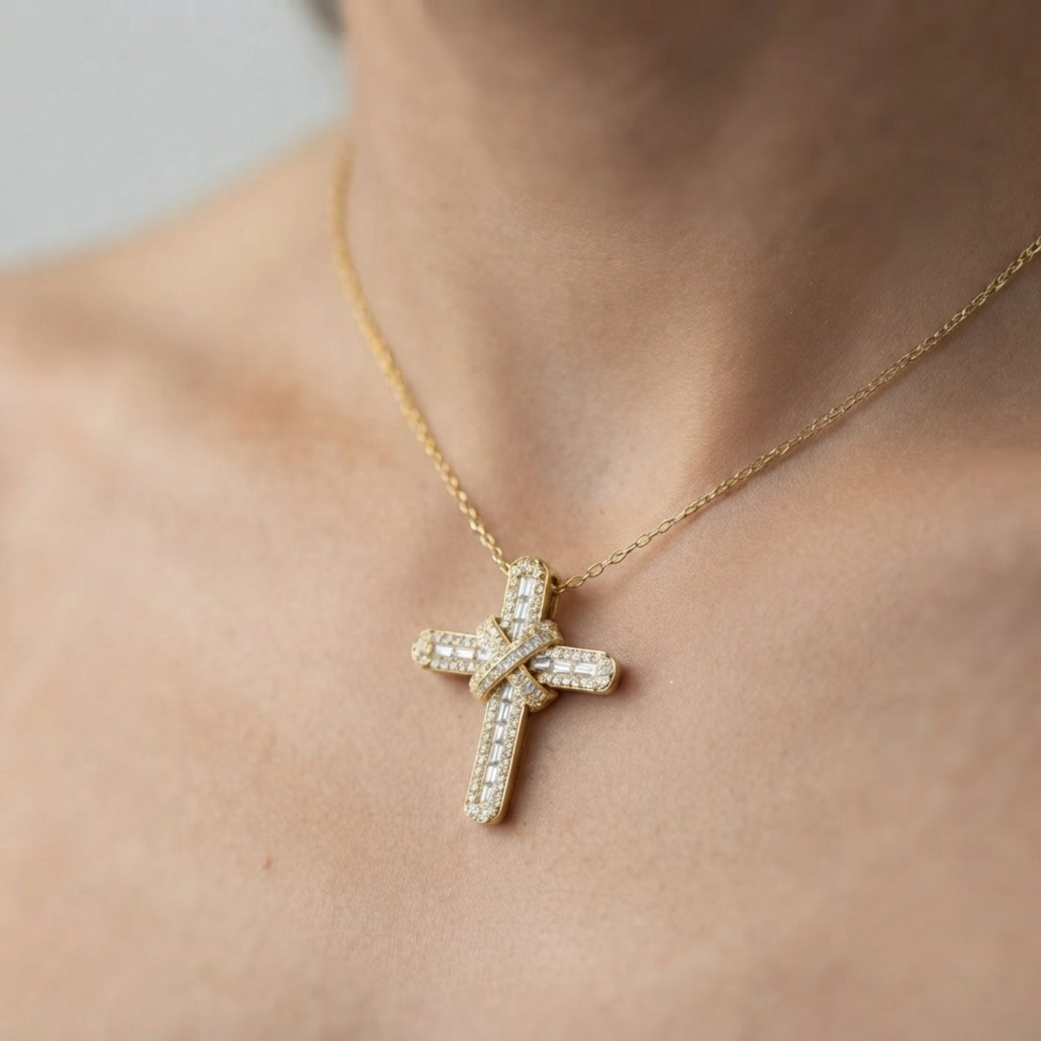 Baguette & Round Diamond Cross Pendant | 0.35 Ct & 0.50 Ct | 9K/18K Gold or Platinum