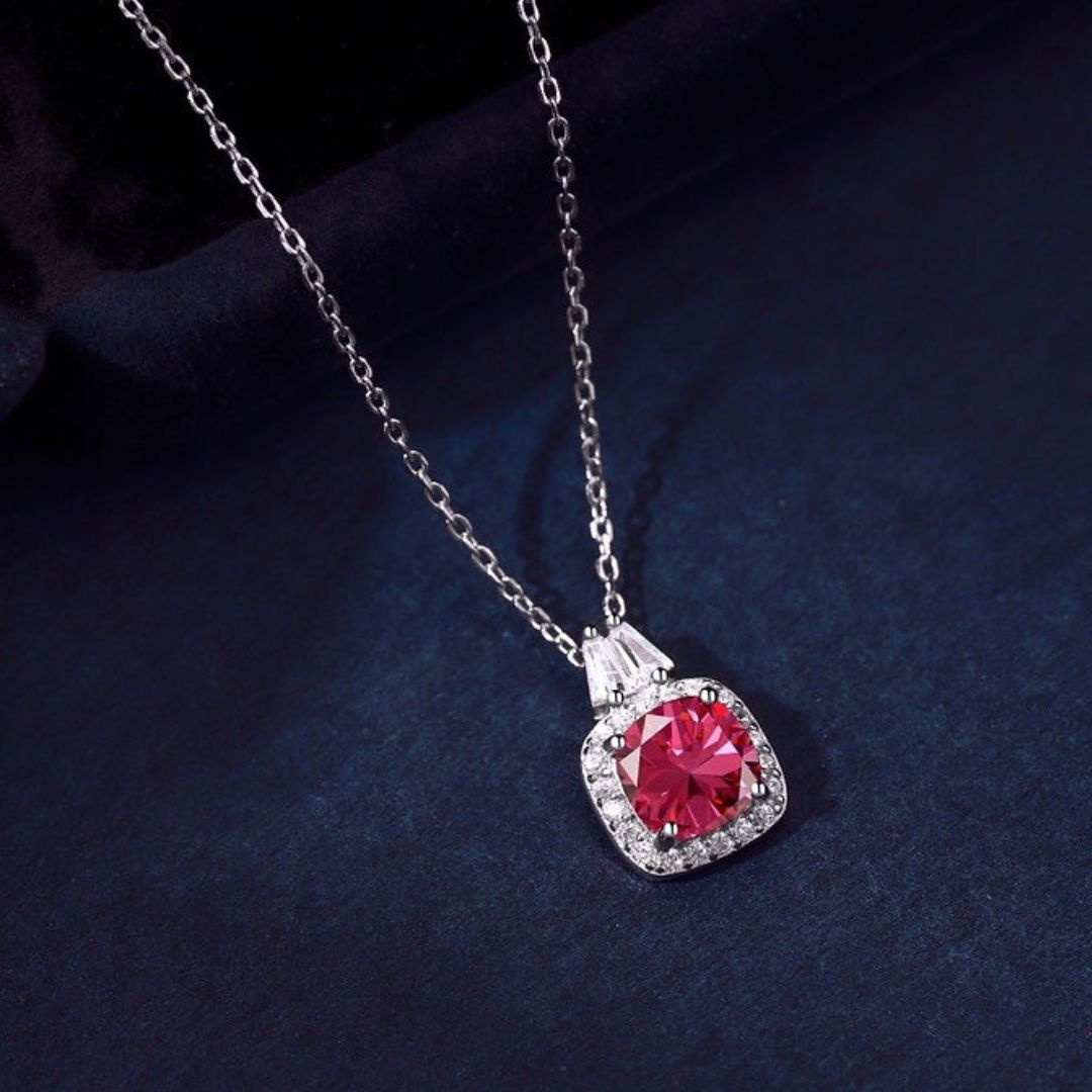 Ruby Diamond Halo Necklace In 18K White Gold