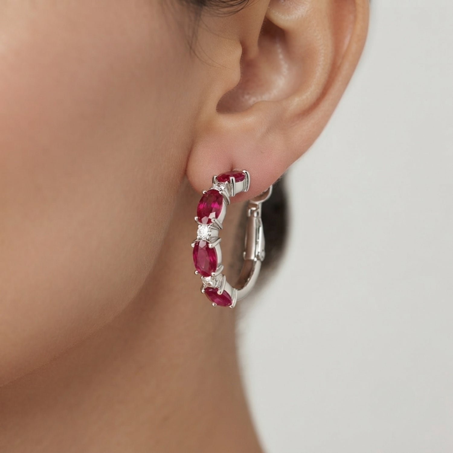 Ruby Diamond Huggie Hoop Earrings in 9K White Gold - Hinged Closure