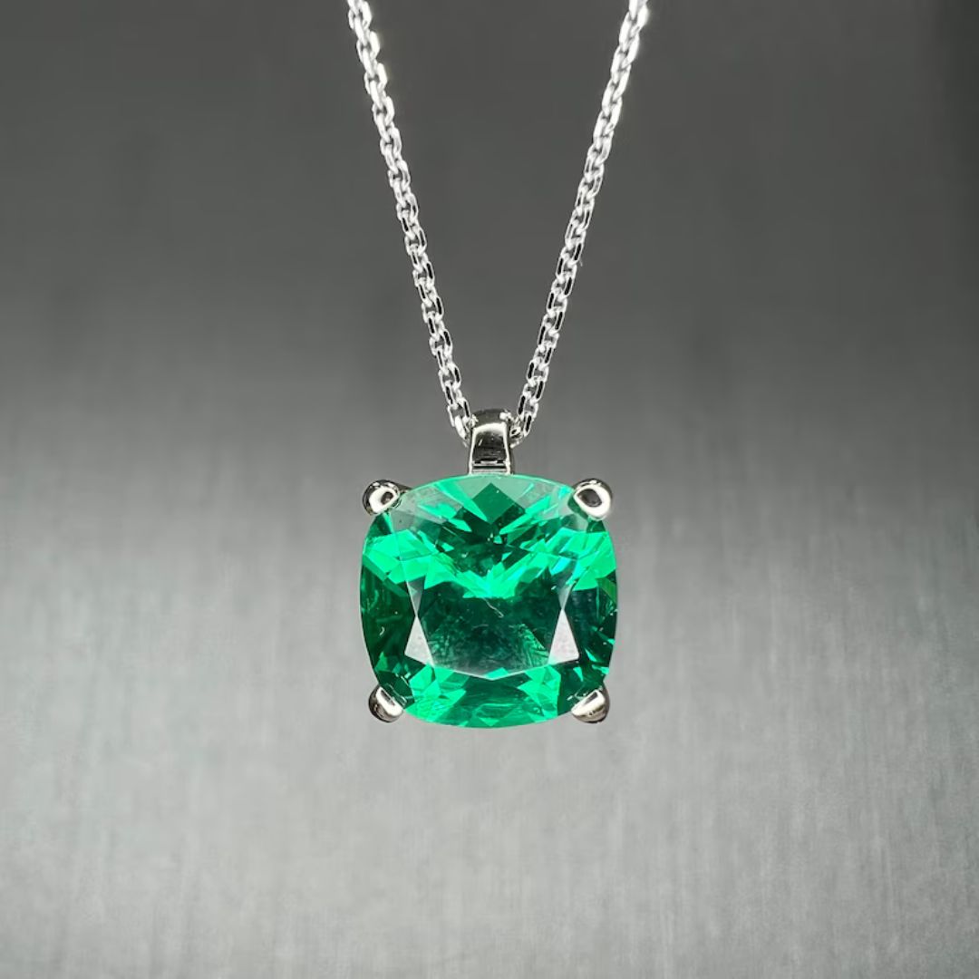 Lab Emerald Diamond Solitaire Cushion Cut Necklace In Silver