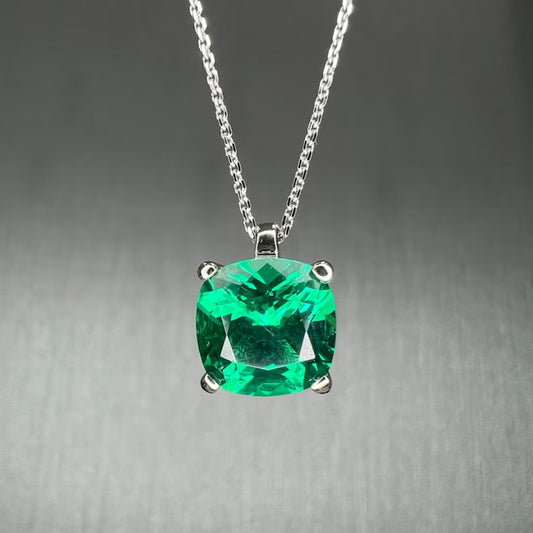 Lab Emerald Diamond Solitaire Cushion Cut Necklace In Silver