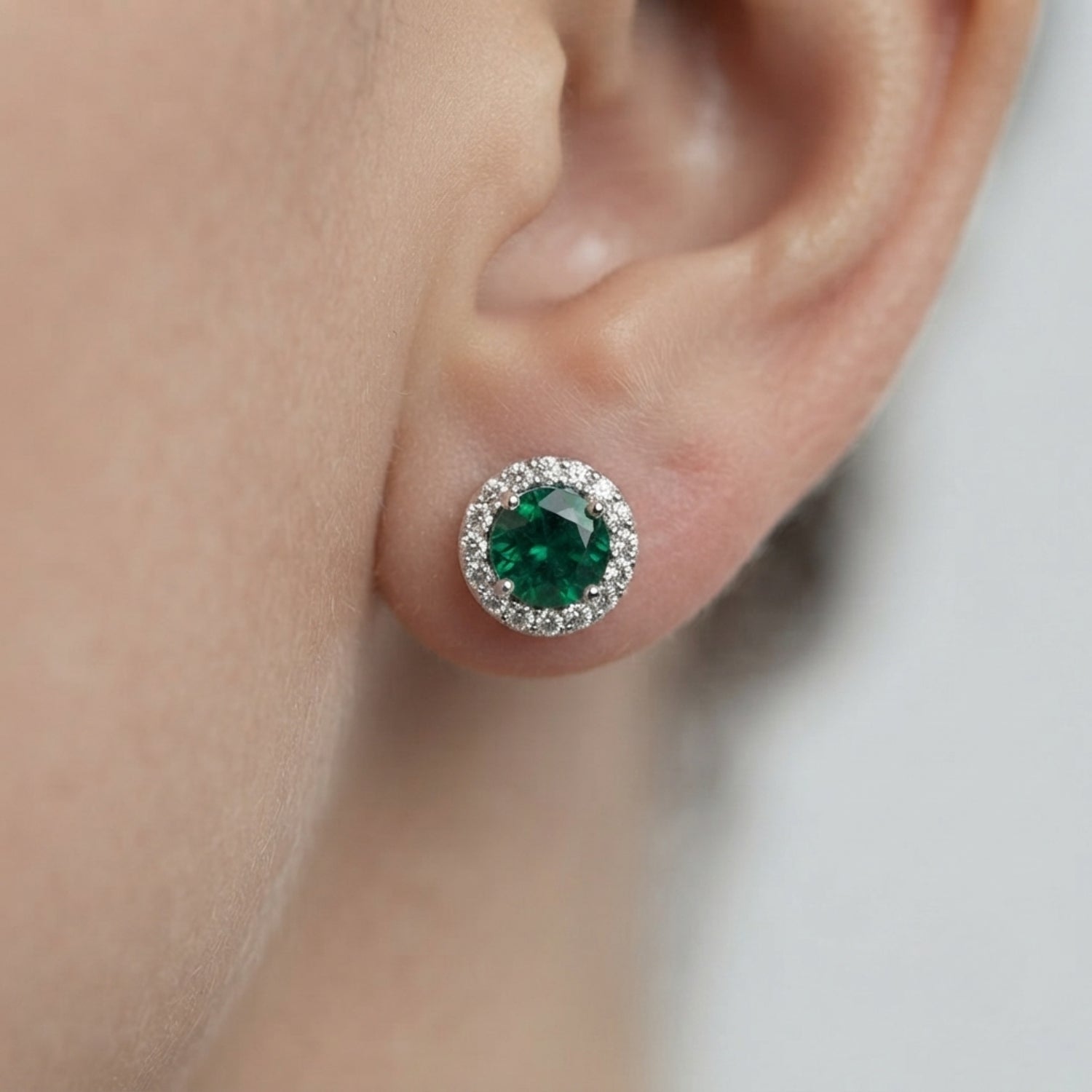 Green Emerald Halo Earrings in Gold - Gemstone Studs with Push Back