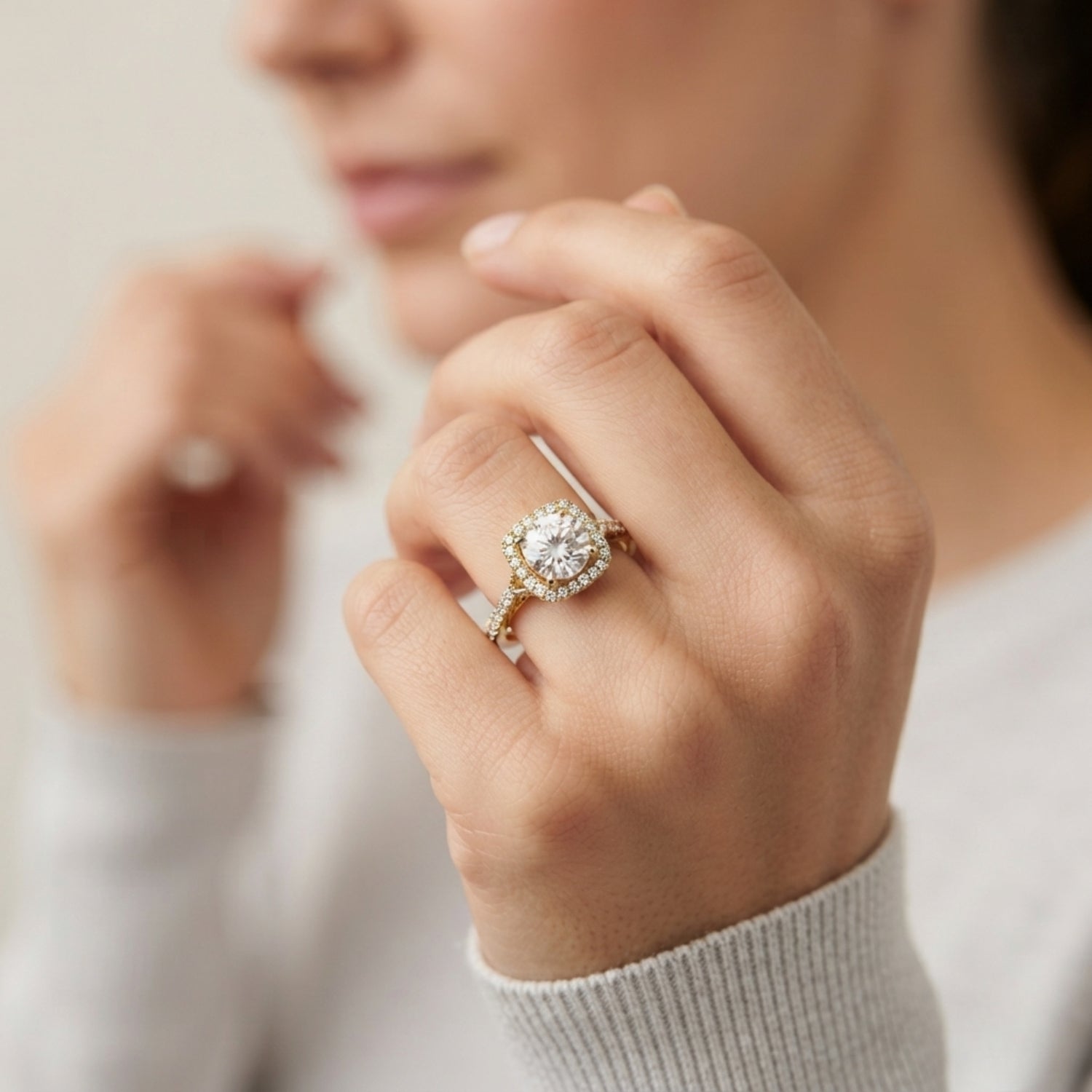 2.00Ct  Lab Grown Round Diamond Halo Engagement Ring 18K White Gold
