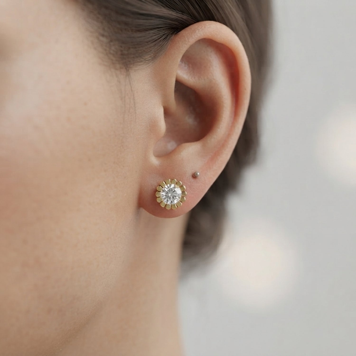 Stud Earrings with Floral Bezel Set Diamonds - Solid Gold