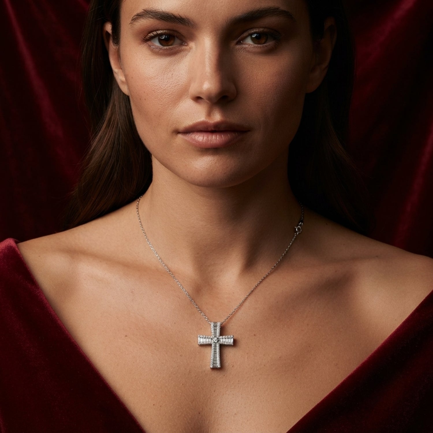 Art Deco Baguette Diamond Cross Pendant Necklace | Halo Diamond Cross