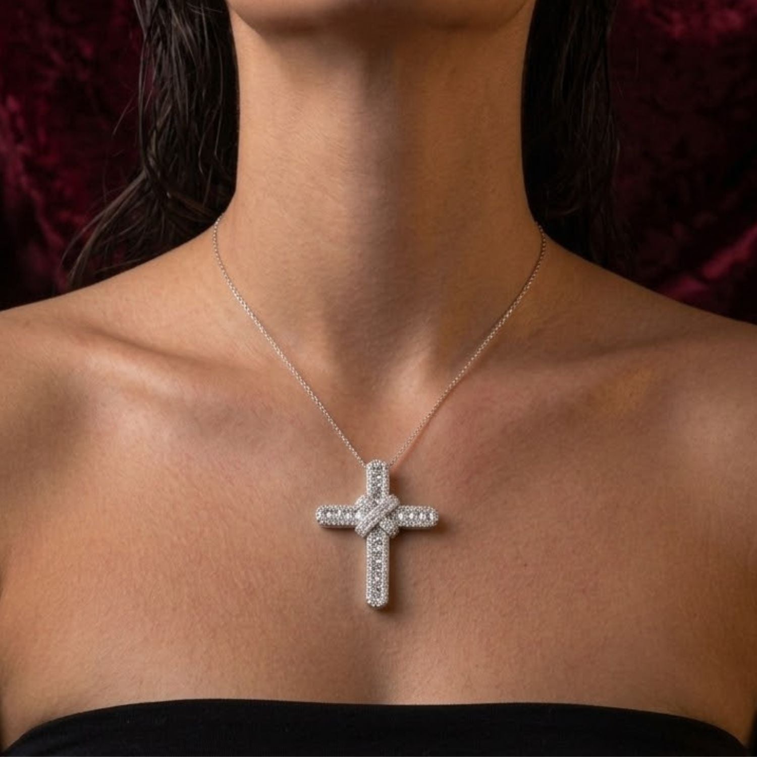 Baguette Diamond Knot Cross Pendant Necklace | Gold Diamond Cross