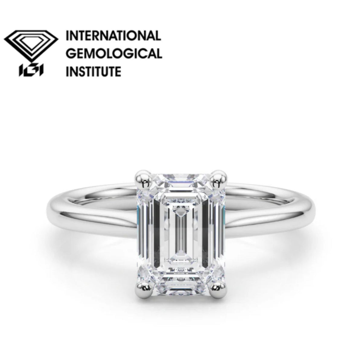 IGI Certified Emerald Cut Lab Grown Diamond Solitaire Engagement Ring in Sterling Silver