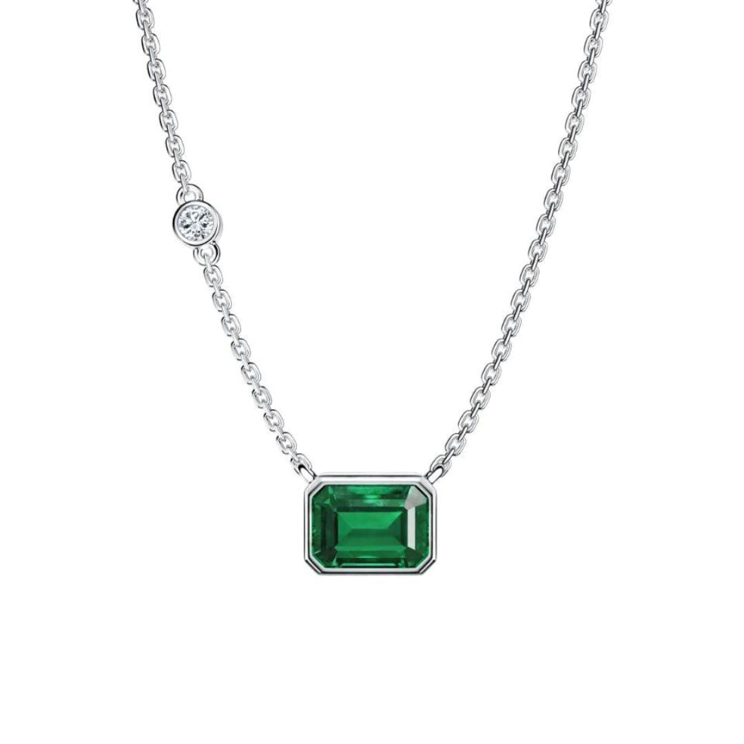 1.50ct Lab Emerald And Diamond Halo Octagon Cut Necklace In Silver