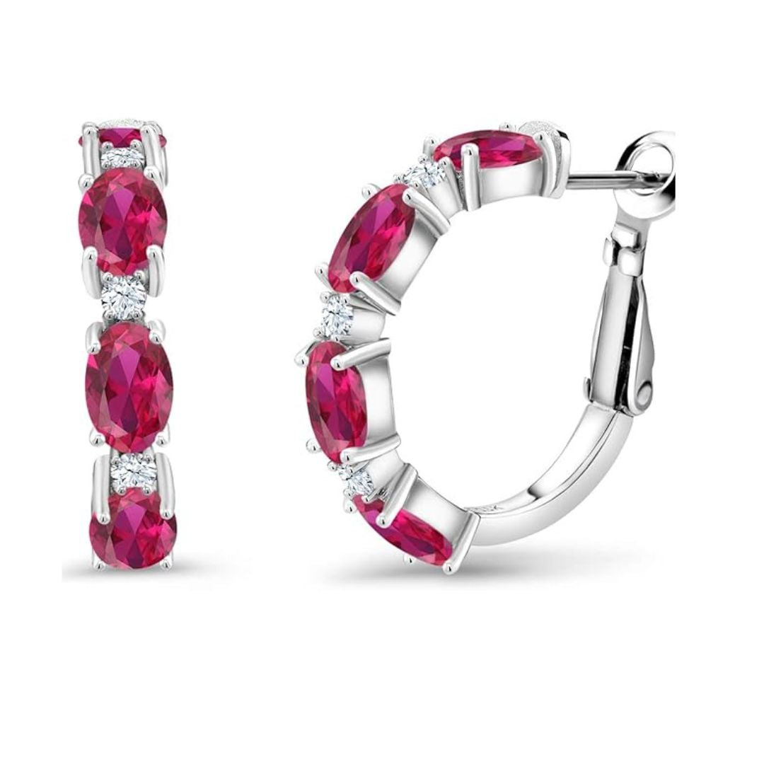 0.15Ct Lab Grown Diamond and Oval Ruby Huggie Hoop Studs Earring in Gold