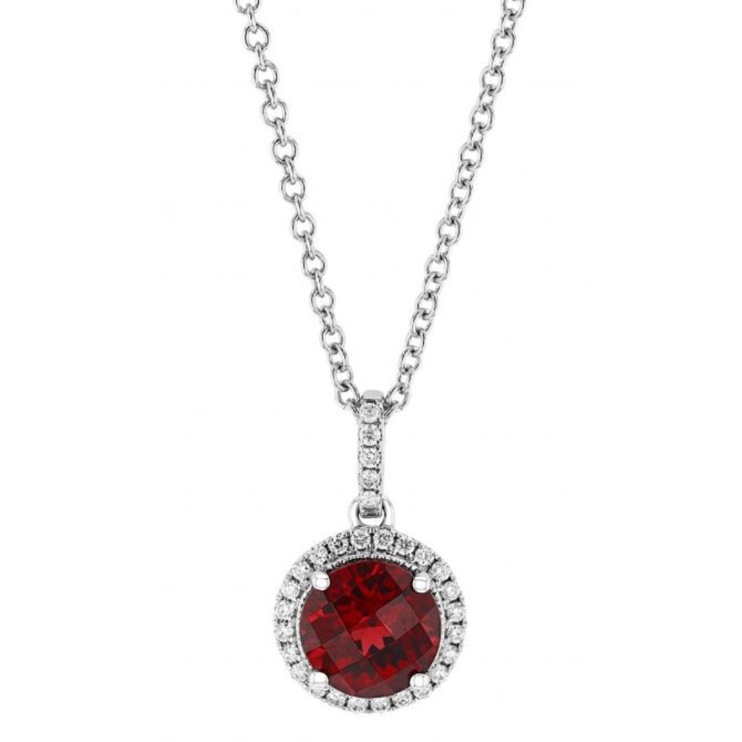 Lab Ruby Diamond Halo Round Cut Necklace In Silver