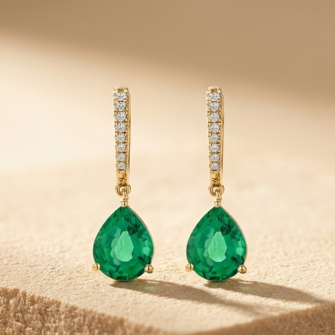 4.60ct Lab Grown Emerald and Diamond Teardrop Drop Earrings in 18K Gold Vermeil