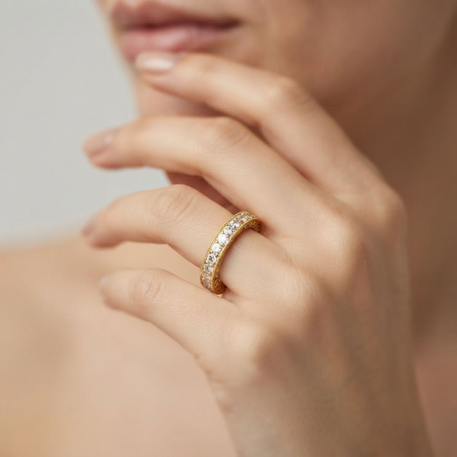 Milgrain Prong in Channel Full Eternity Ring in Gold & Platinum