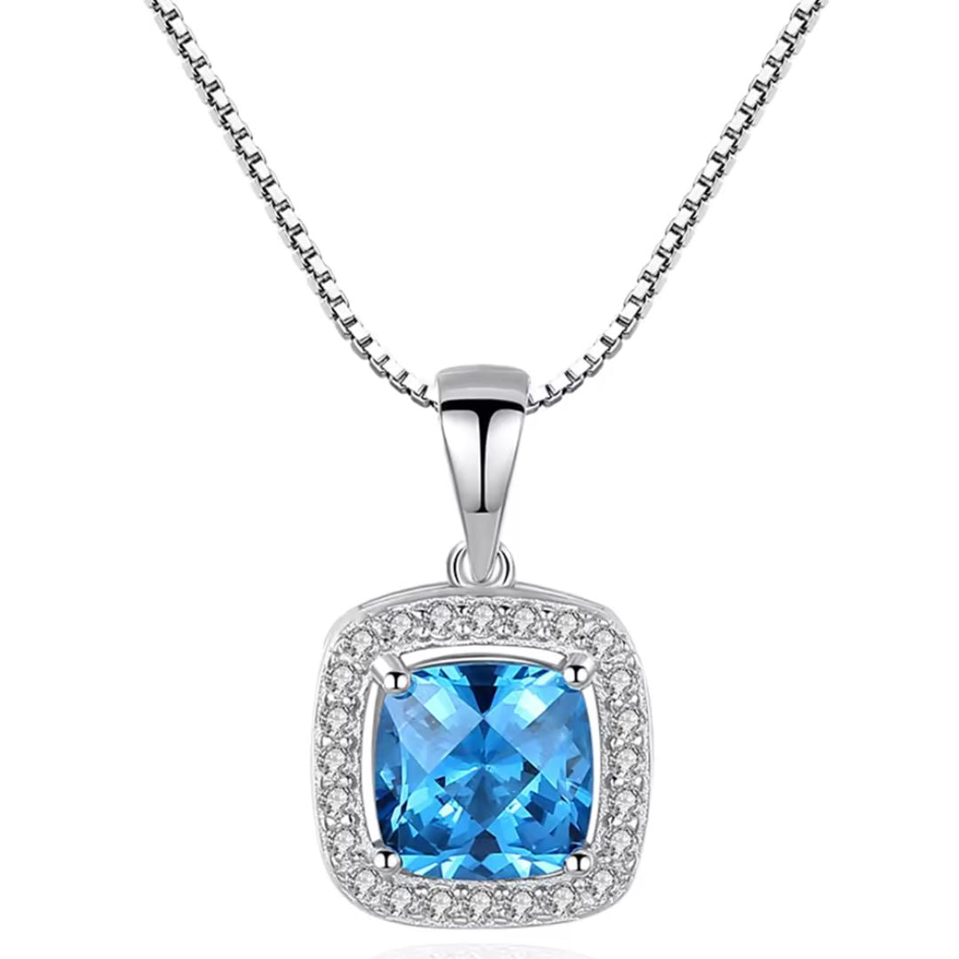 Blue Topaz And Lab Diamond Halo Square Necklace