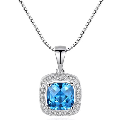 Blue Topaz And Lab Diamond Halo Square Necklace