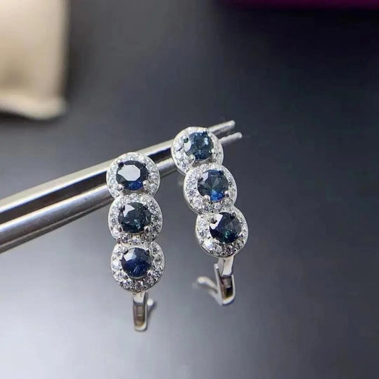 1.50Ct Sapphire Blue and Round Lab Grown Diamond Hoop Earrings in White Gold