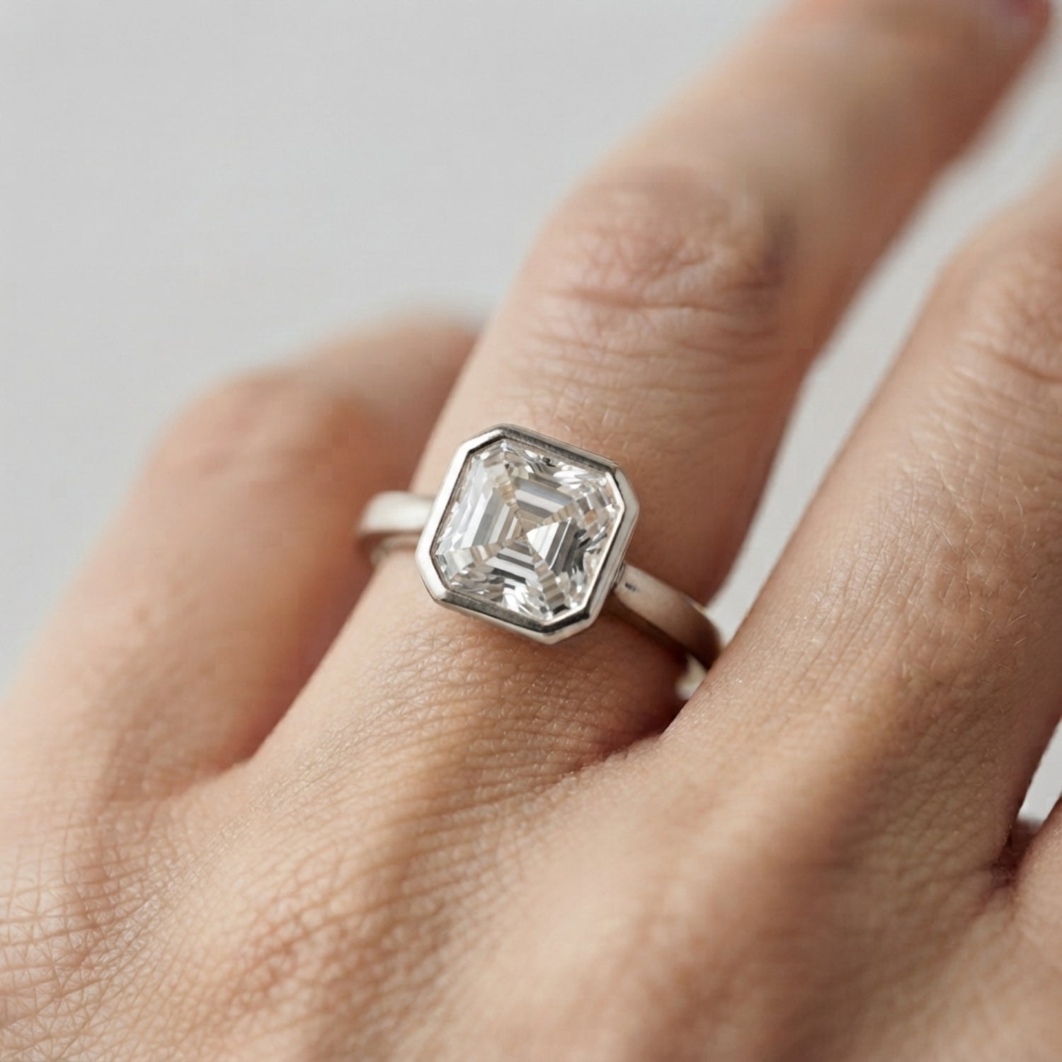 Lab-Grown Asscher Cut Diamond Bezel Set Solitaire Engagement Ring, D Color VVS Clarity