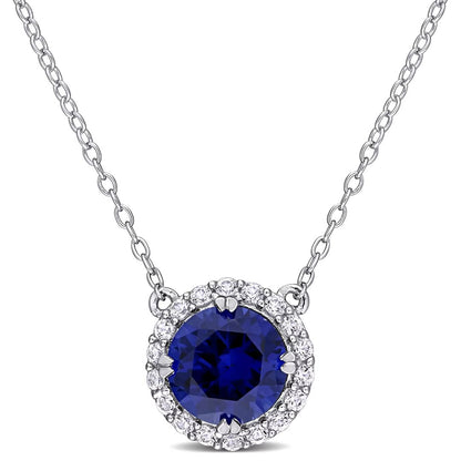 Lab Sapphire And Diamond Halo Round Cut Necklace In Silver