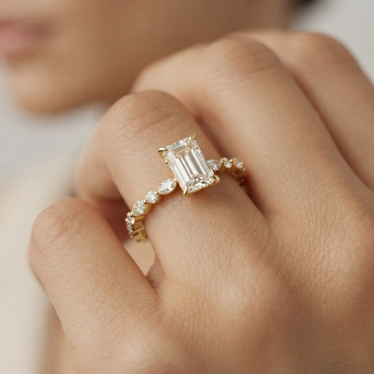 White Gold Radiant Cut Diamond Engagement Ring with Teardrop Side Stones