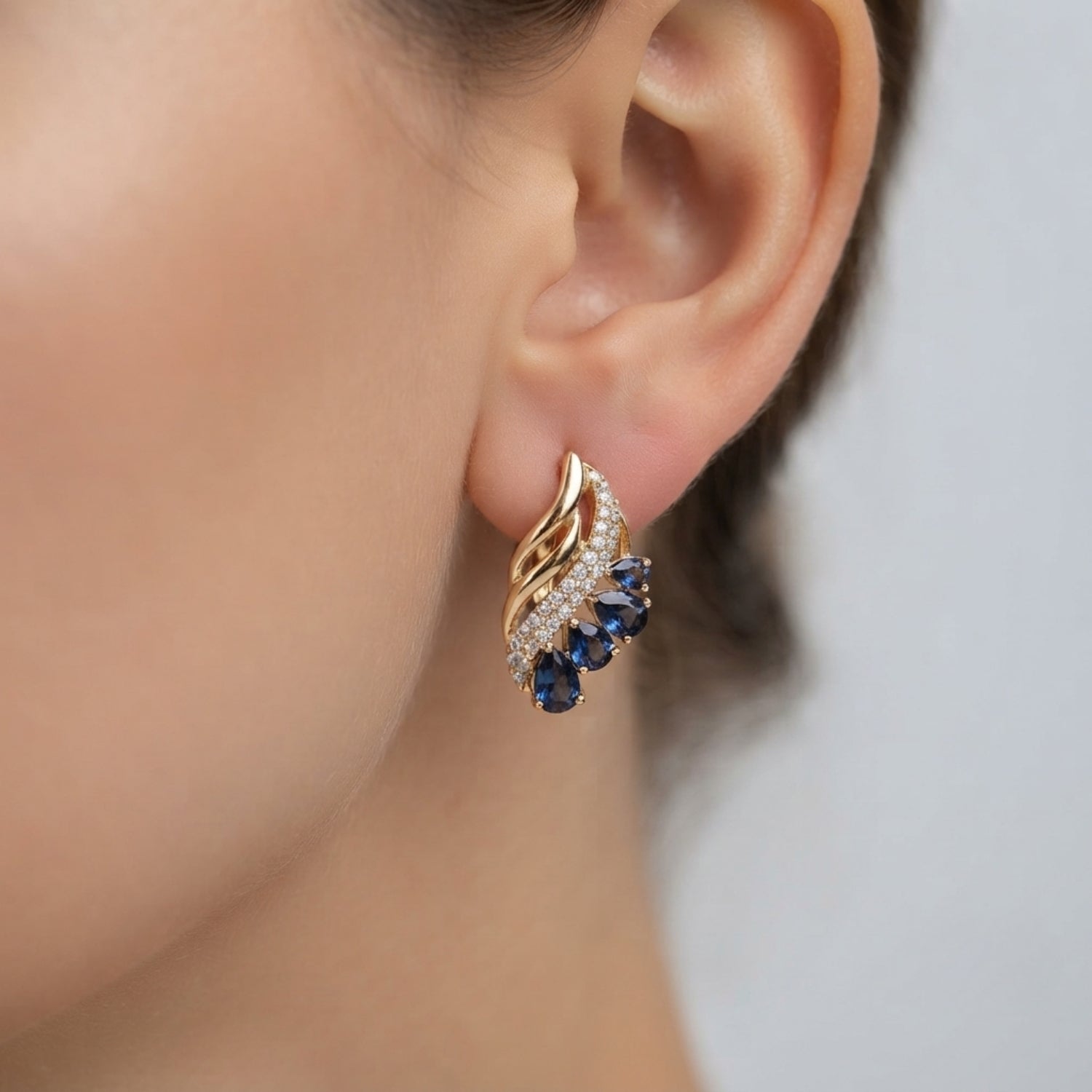 Drop Earrings with Sapphire and Diamond Wing Cluster - Gold