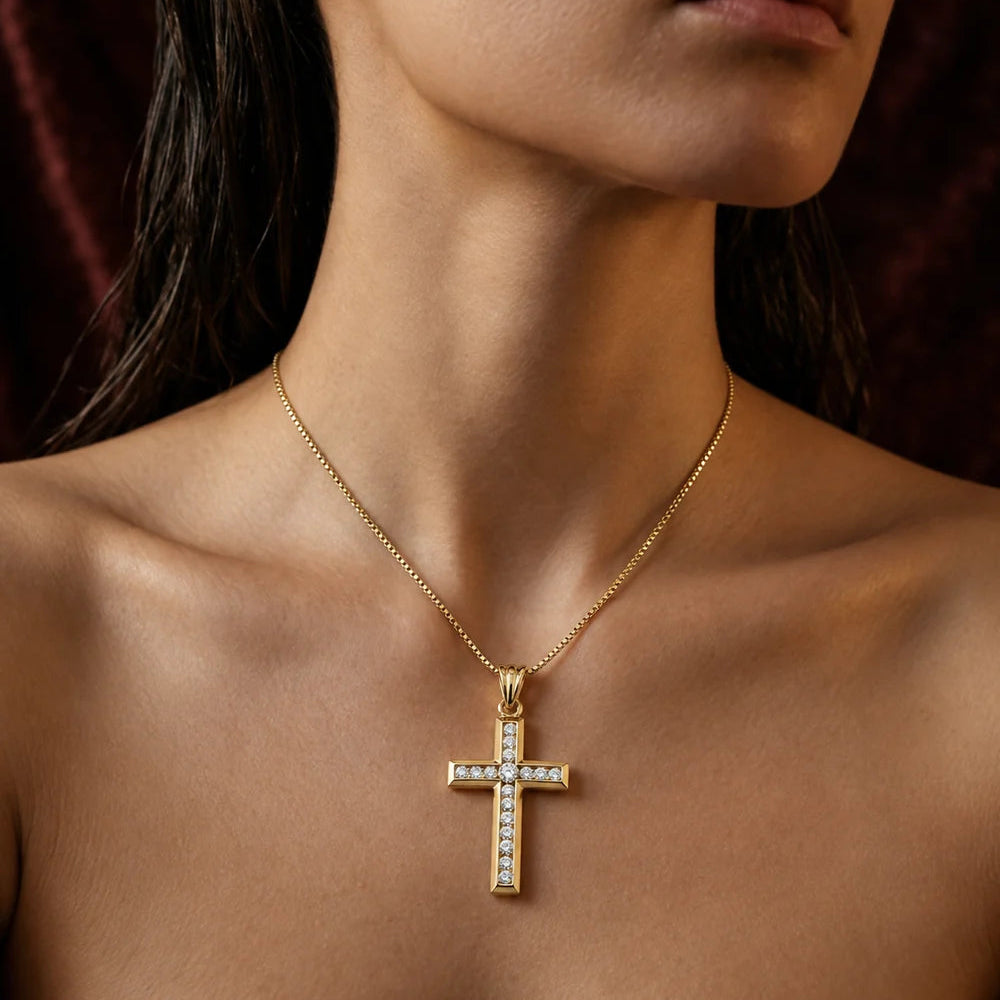 Channel Set Diamond Cross Pendant Necklace | Modern Diamond Cross