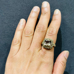 Natural Brown Quartz & Diamond Double Halo Engagement Ring in 14K Yellow Gold