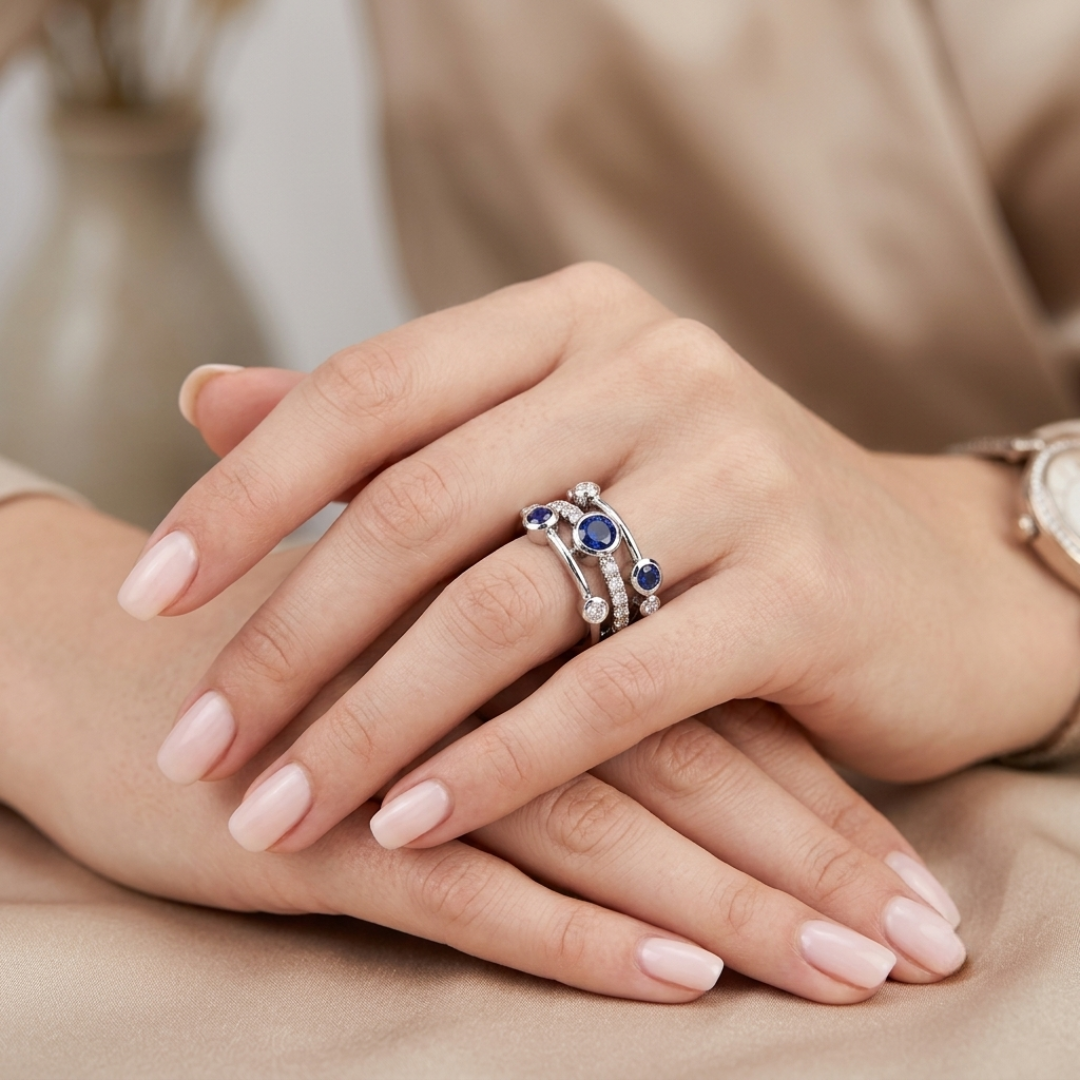 Blue Sapphire Diamond Bubble Ring | Bezel Set Multi-Stone Ring