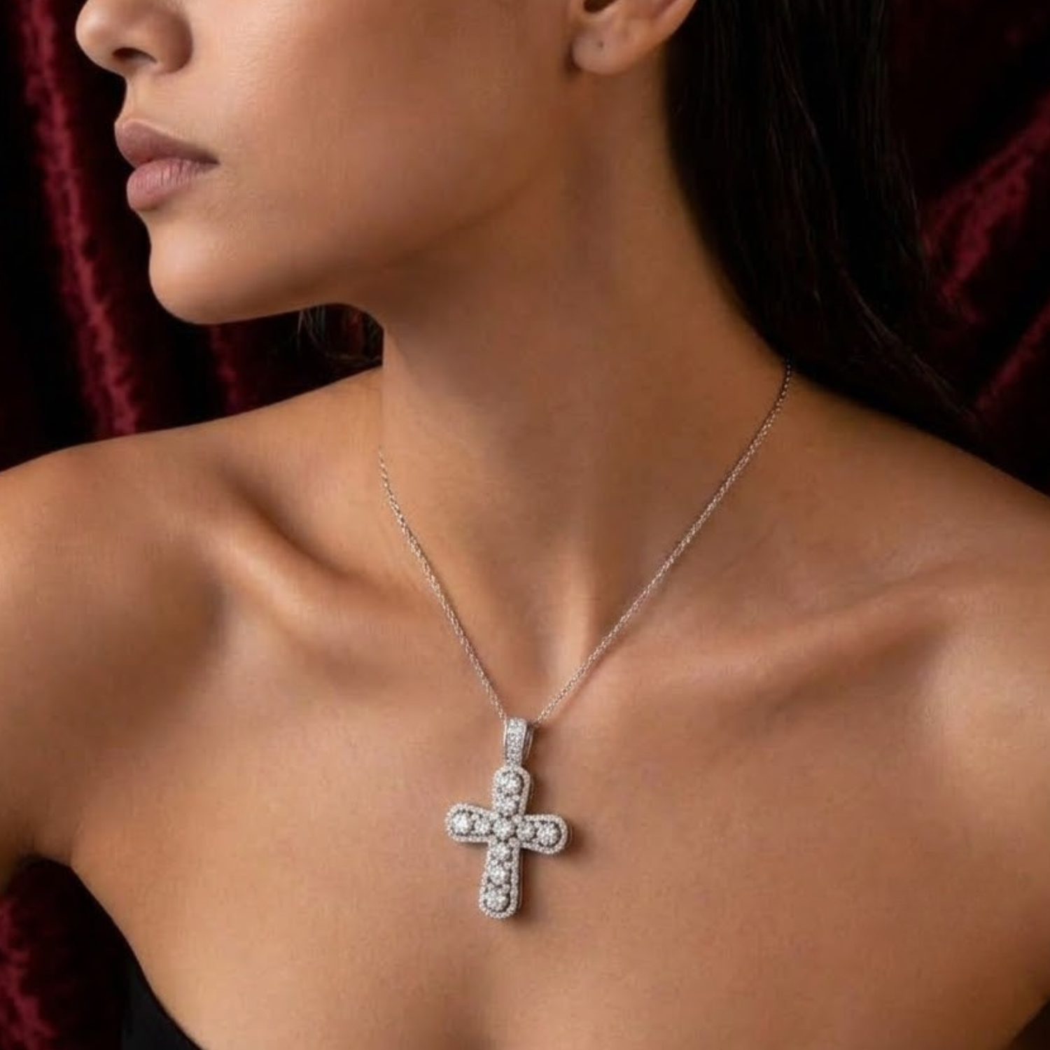 1.25Ct Pave Diamond Cross Pendant Necklace in Gold or Platinum