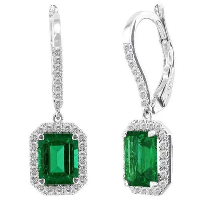 Lab Emerald Diamond Drop Earrings In Silver