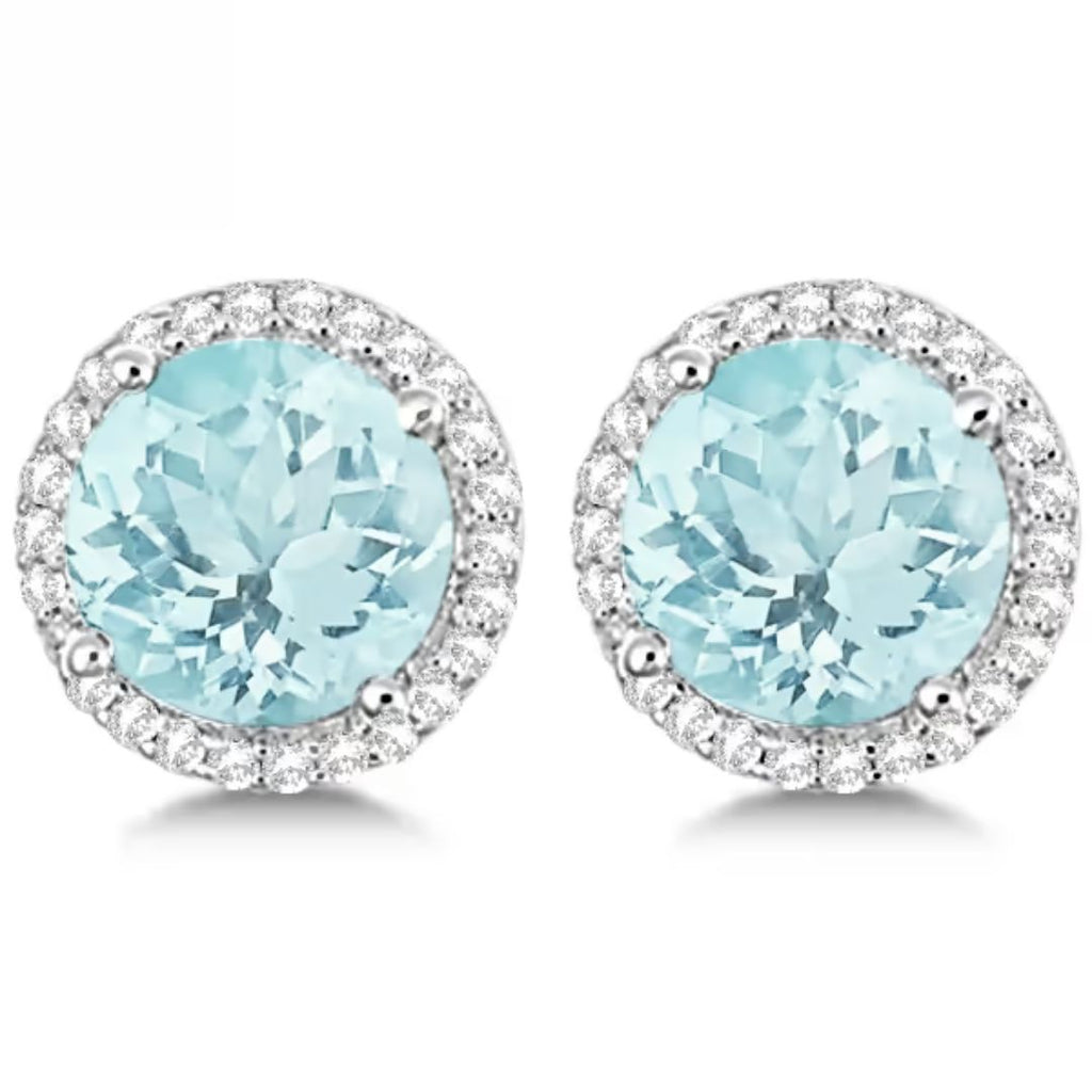 Aquamarine Round Cut Diamond Halo Stud Earrings 9K White Gold