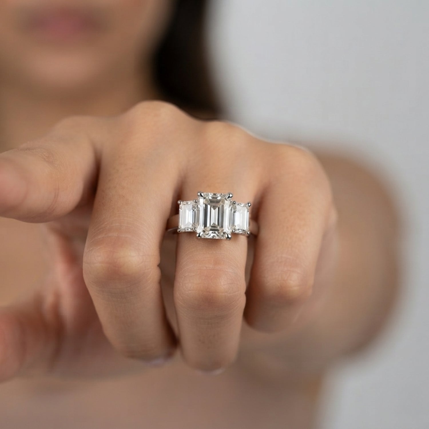 2.00Ct Lab Grown Emerald Cut Diamond 3 Stone Engagement Ring 18K White Gold