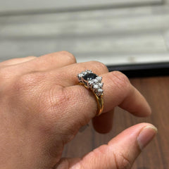 18K Yellow Gold Natural Diamond & Blue Sapphire Cluster Engagement Ring | Gemstone