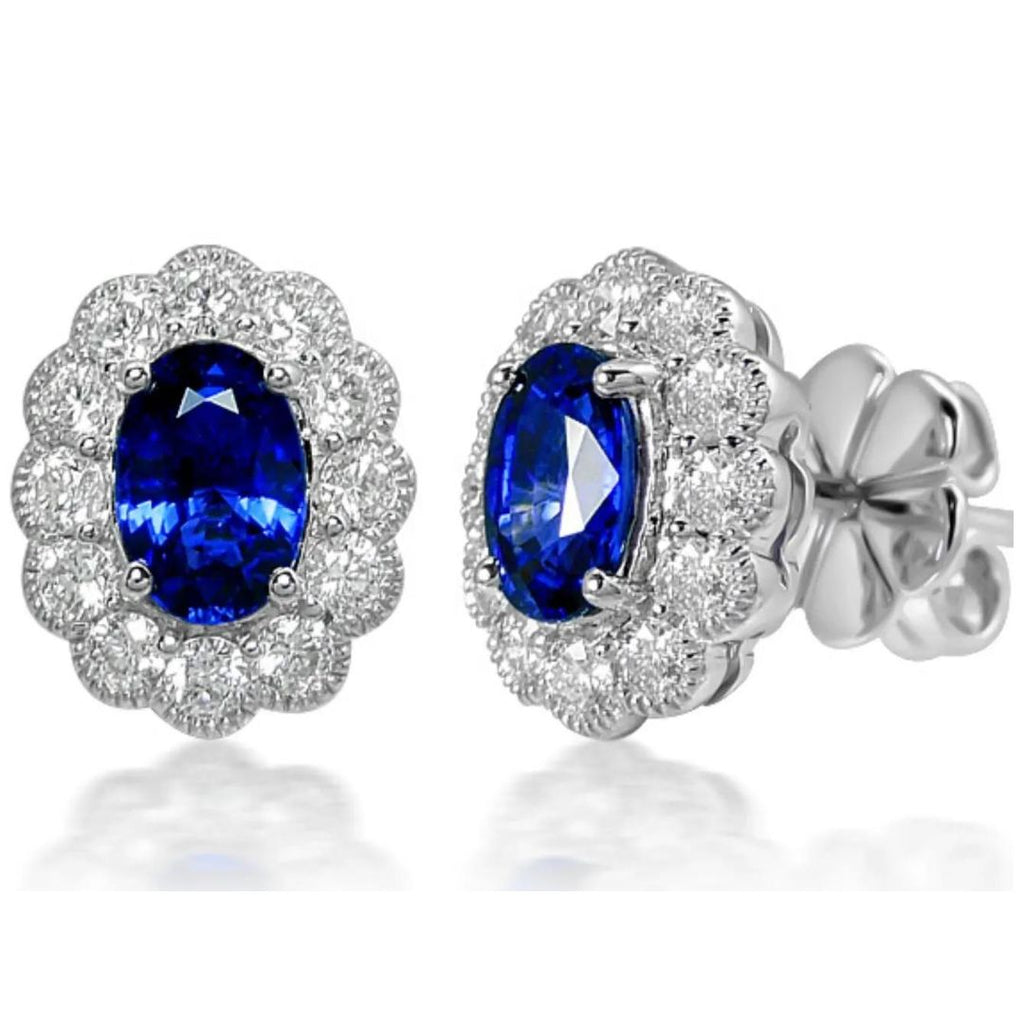 Lab Grown Oval Sapphire & Diamond Halo Stud Earrings 0.20ct 9K White Gold