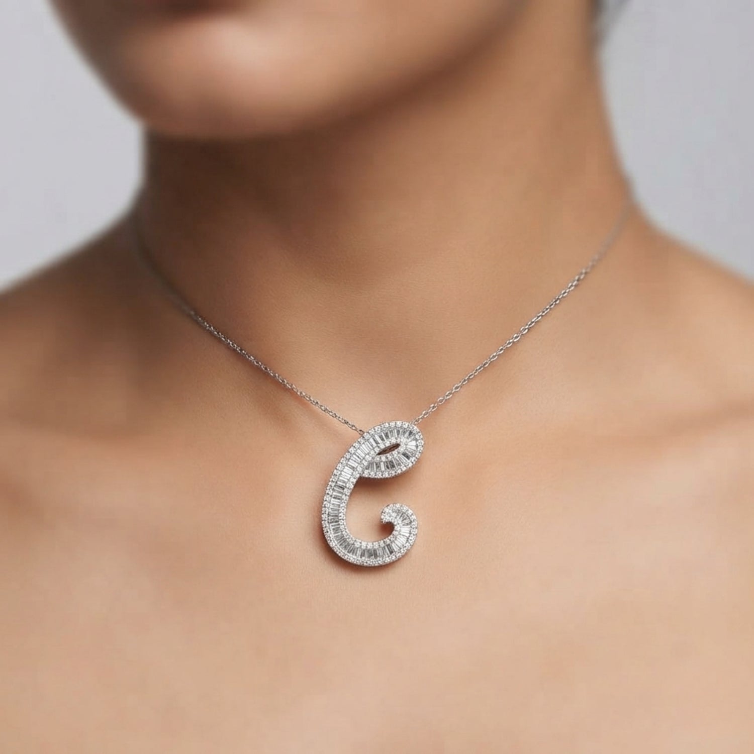 Initial Diamond Pendant Necklace with Baguette and Round Diamonds