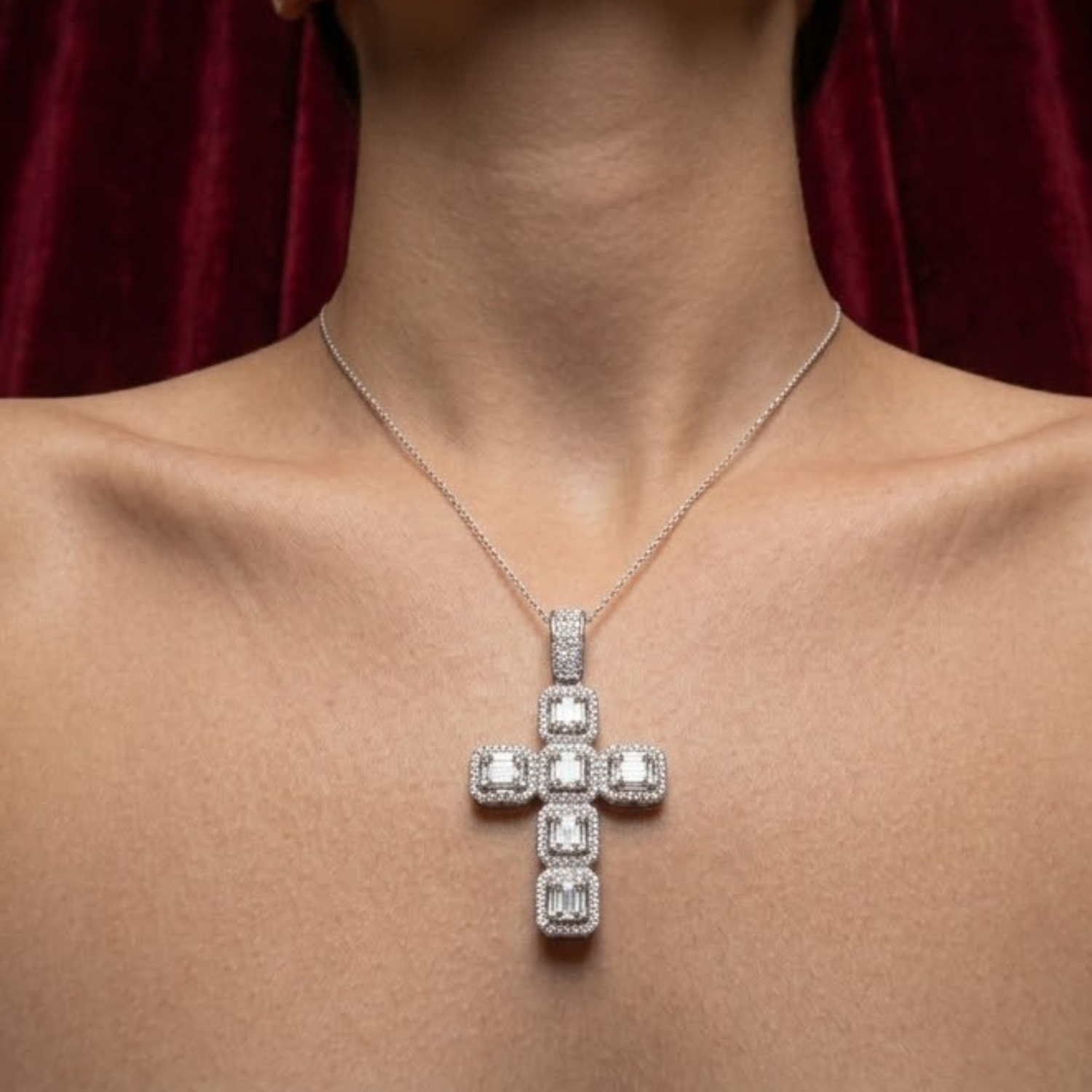 Art Deco Emerald Cut Diamond Cross Pendant Necklace | Halo Diamond Cross