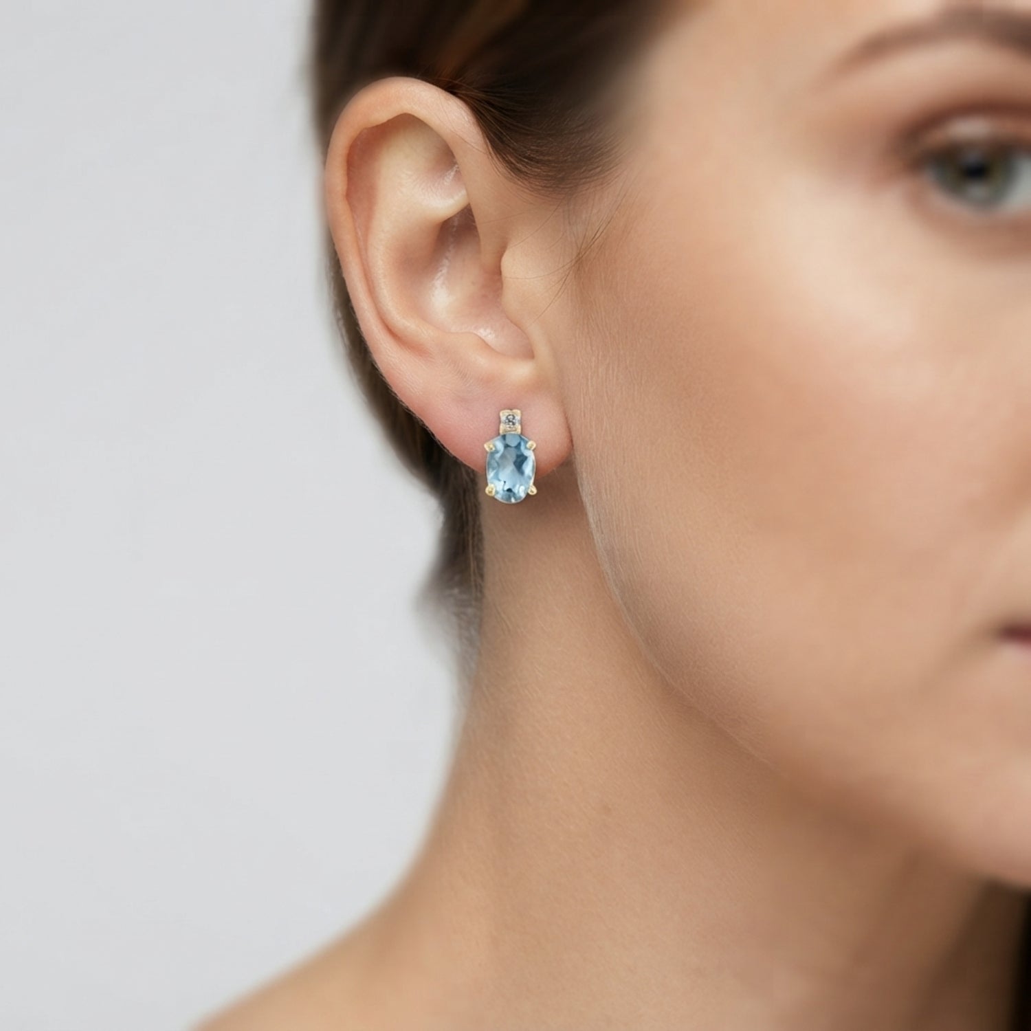 Stud Earrings with Aquamarine Oval Solitaire and Diamond - Gold