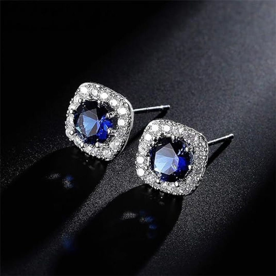 1.00Ct Sapphire Blue and Round Lab Grown Diamond Studs Earring in Gold