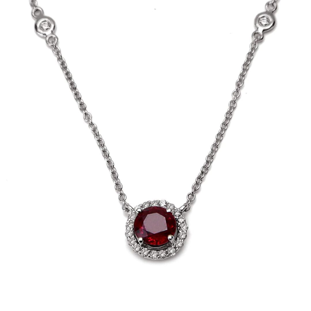 Lab Ruby and Diamond Halo Round Cut Necklace In Silver