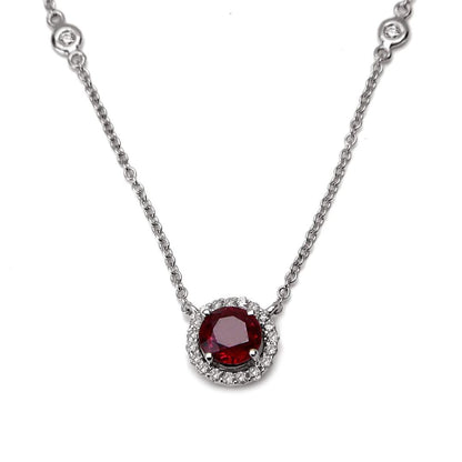 Lab Ruby and Diamond Halo Round Cut Necklace In Silver