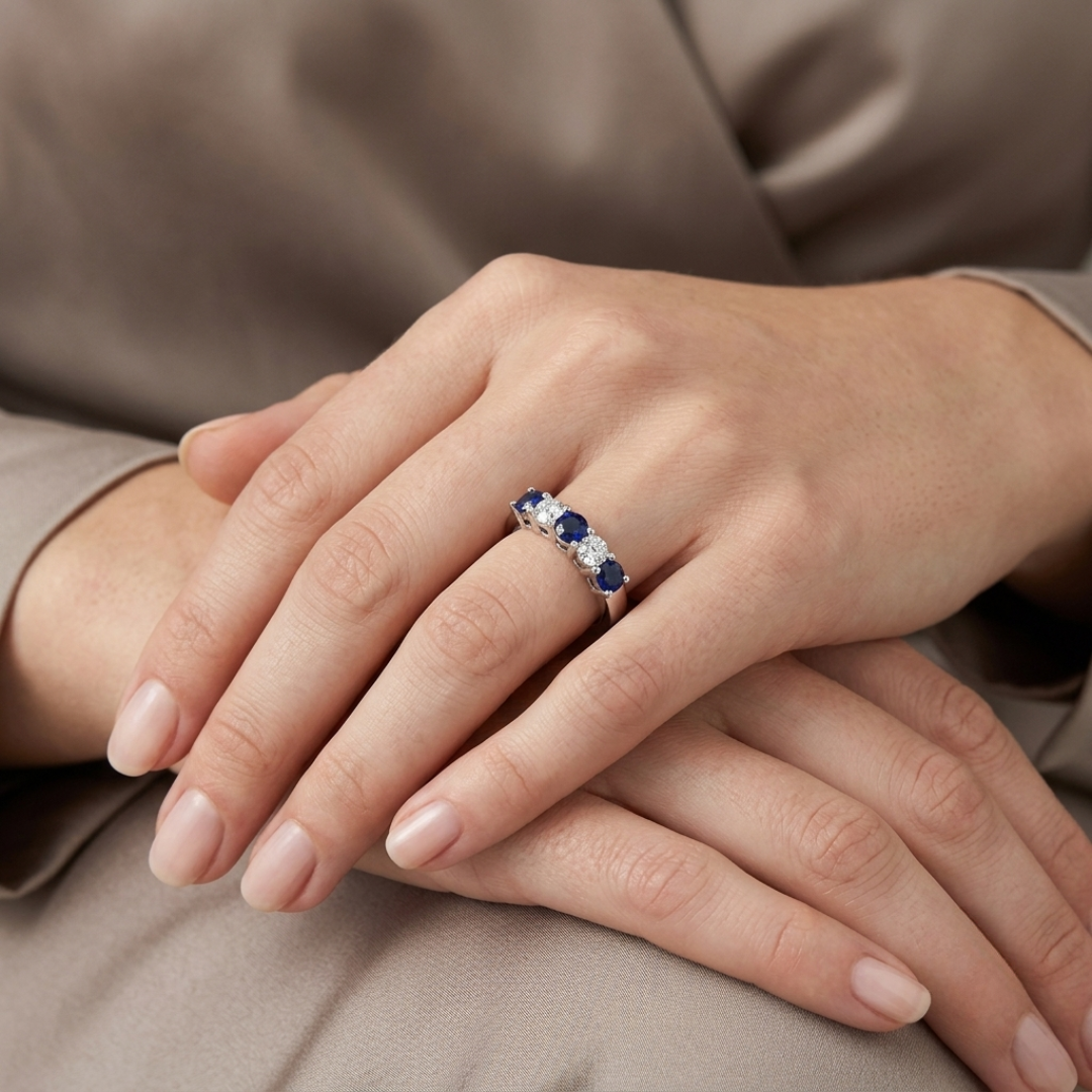 Blue Sapphire & Diamond Half Eternity Ring | Alternating Stone Ring