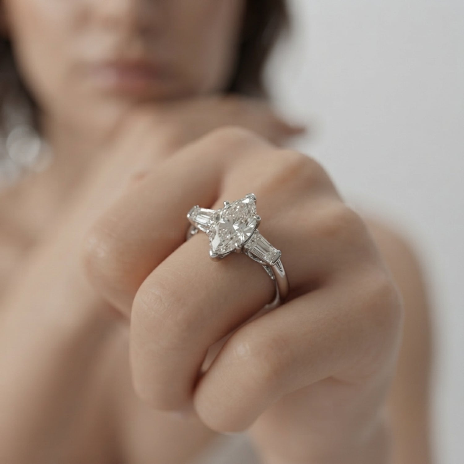 Lab-Grown Marquise Cut Diamond 3 Stone Engagement Ring In Platinum
