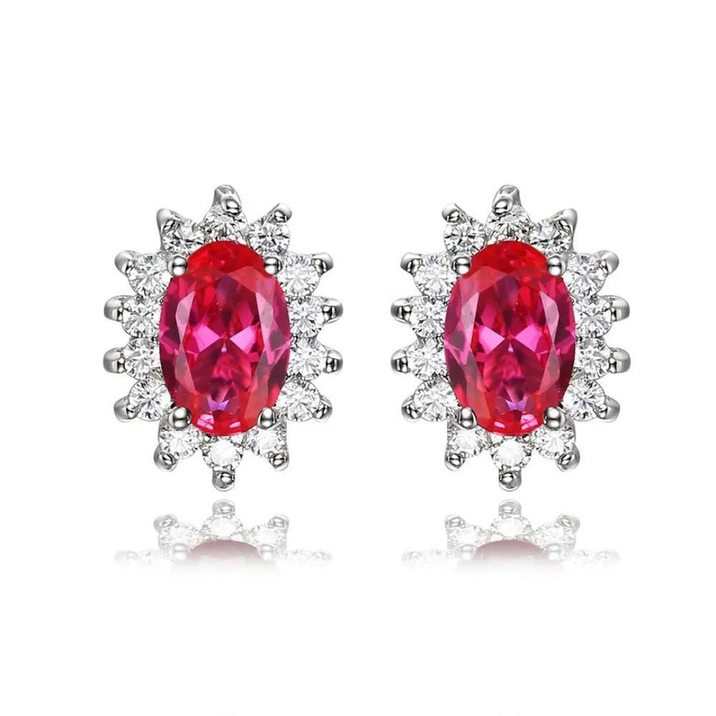 Oval Ruby & Diamond Cluster Stud Earrings 0.50ct Ruby 9K White Gold