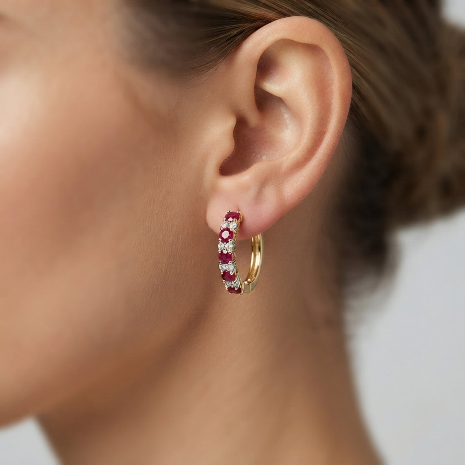 Ruby Diamond Hoop Earrings in 9K White Gold | Round Cut Prong Set