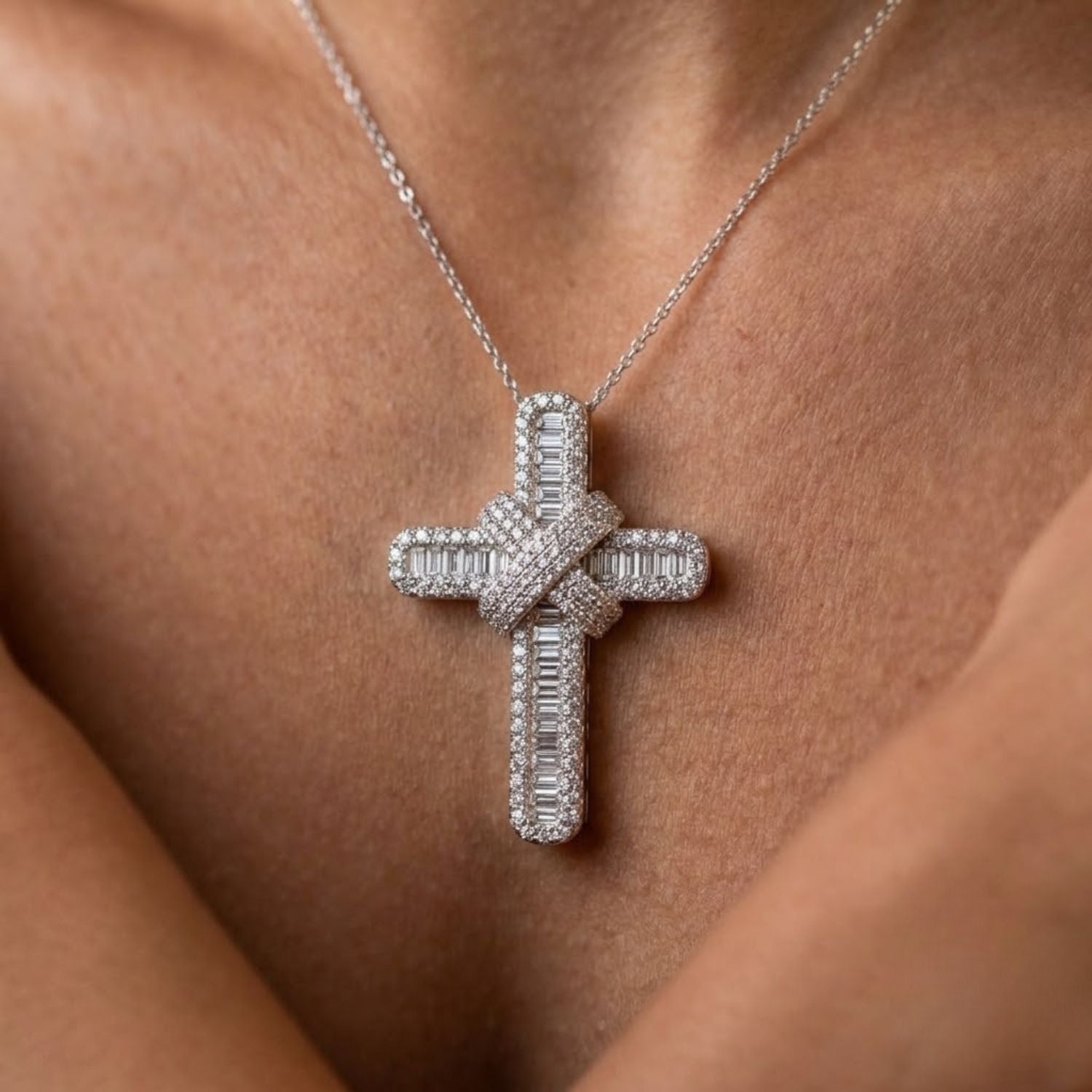 Baguette & Round 7Ct Diamond Cross Pendant in Gold or Platinum