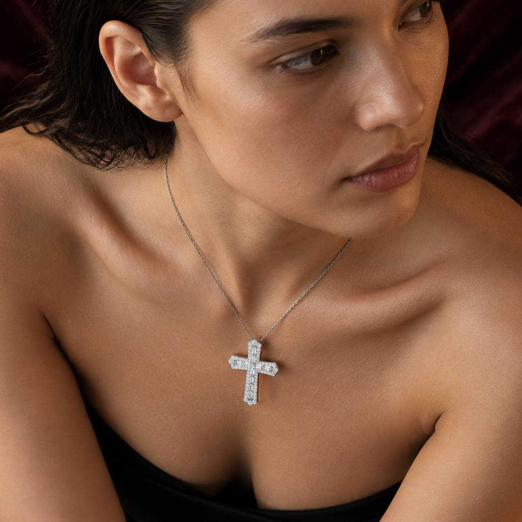 Baguette & Round Diamond Cross Pendant in Gold or Platinum