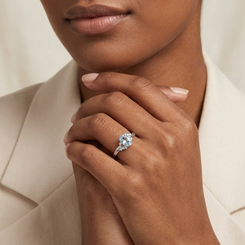 Aquamarine 0.70CT And Diamond 9K White Gold Ring