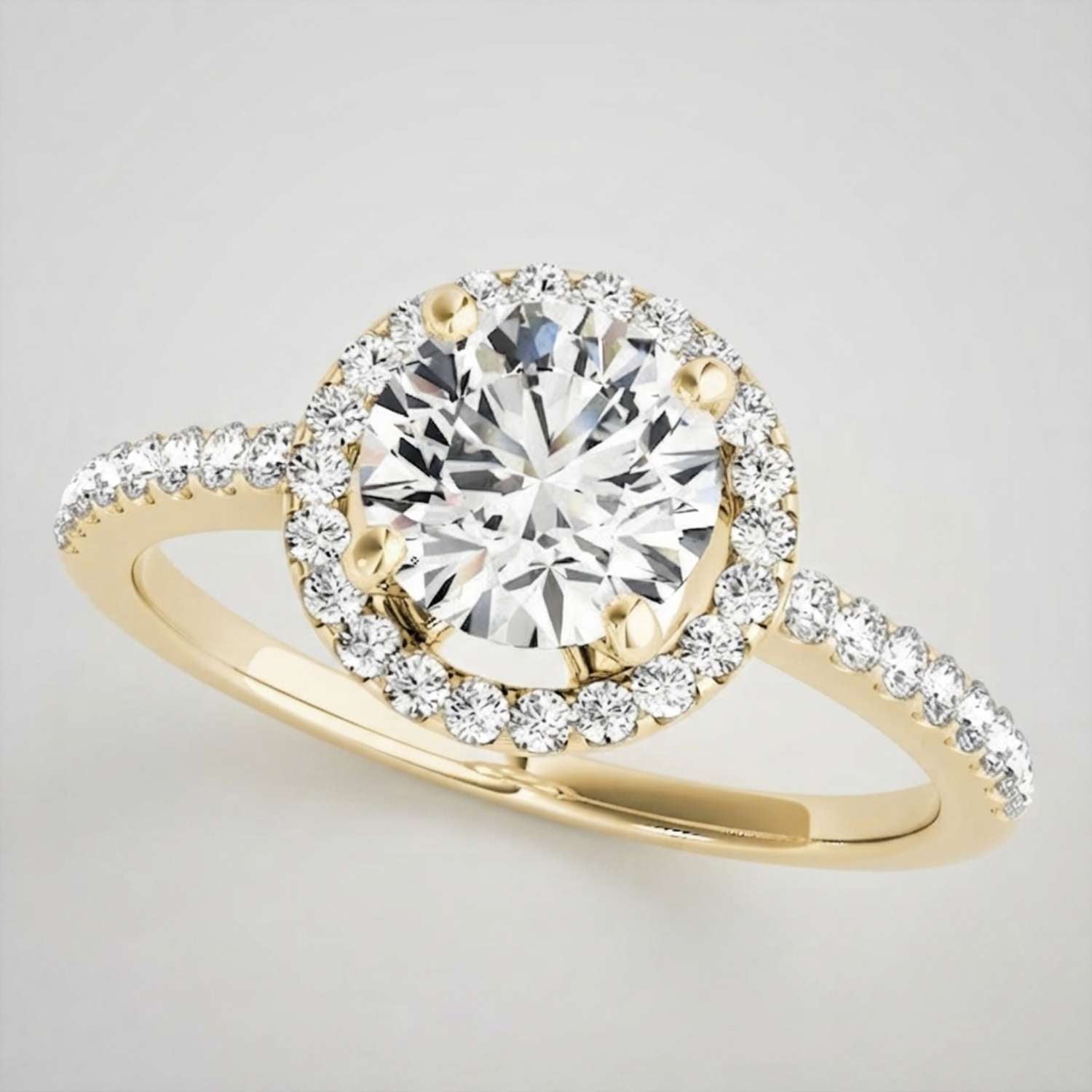 Statement 2.00Ct round cut lab diamond ring with a prominent centre stone and accent pavé stones.